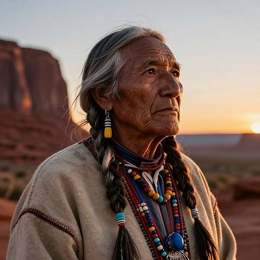 Photograph of an elderly Native American woman with long gray hair in braids, wearing traditional beaded jewelry and a beige blanket, against a sunset-l