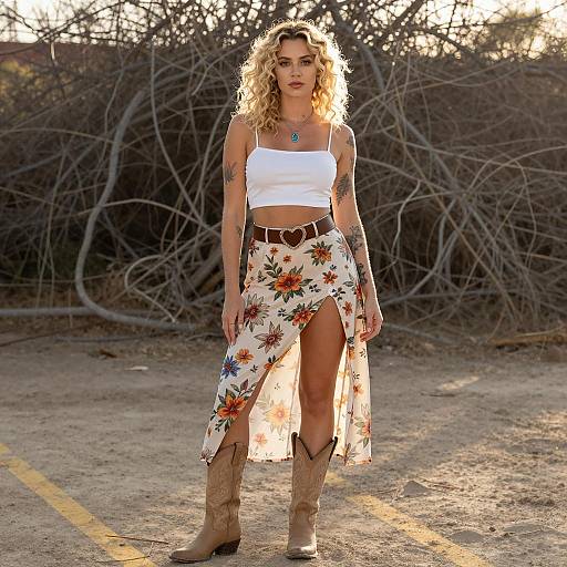 Blonde Woman in Floral Skirt and Cowboy Boots