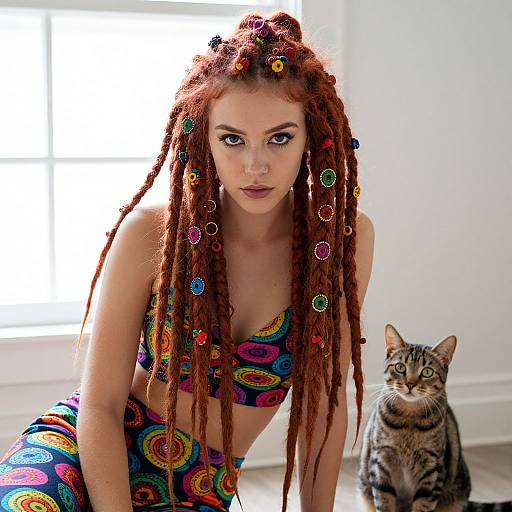 Vibrant Woman with Dreadlocks and Cat