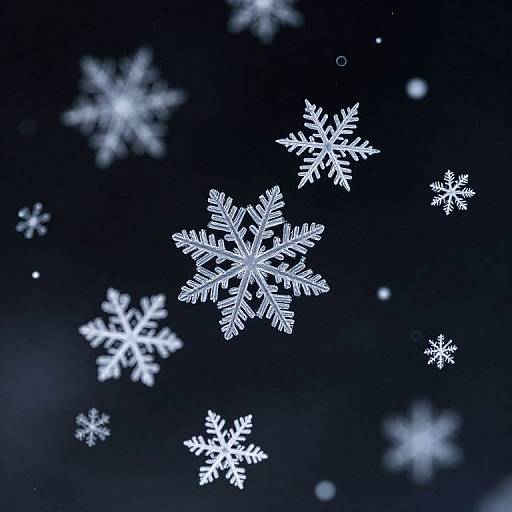 Photograph of glowing white snowflakes in various sizes floating against a dark blue, starry night sky background.