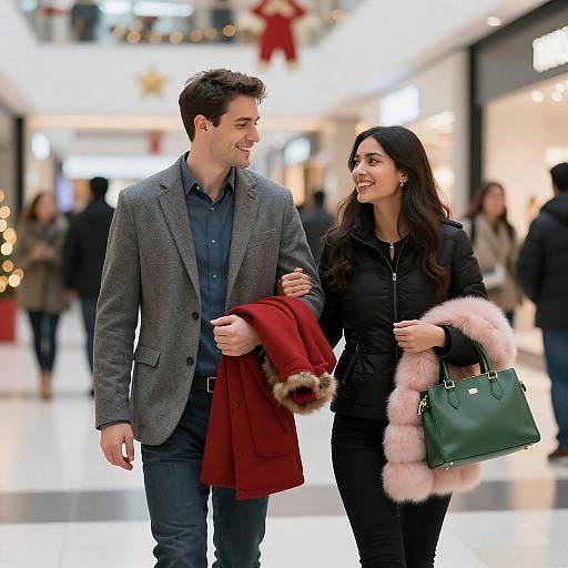 Smiling Couple in Festive Holiday Mall