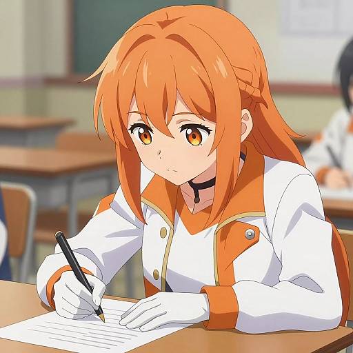 Anime-style digital drawing of a orange-haired girl with yellow eyes, wearing a white and orange uniform, writing at a desk in a classroom. She has