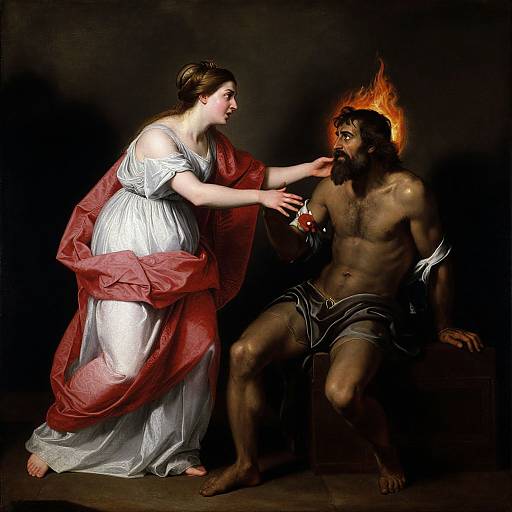 Baroque painting: A fair-skinned woman in white and red dress points at a dark-skinned, muscular, shirtless man with a fiery halo