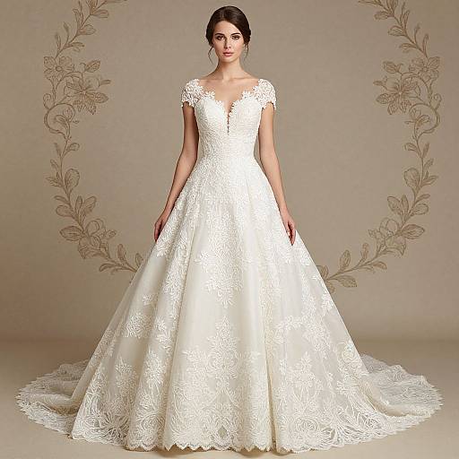 Photograph of a brunette woman in an elegant, white lace wedding dress with a full skirt and cap sleeves, standing against a beige floral-patterned background