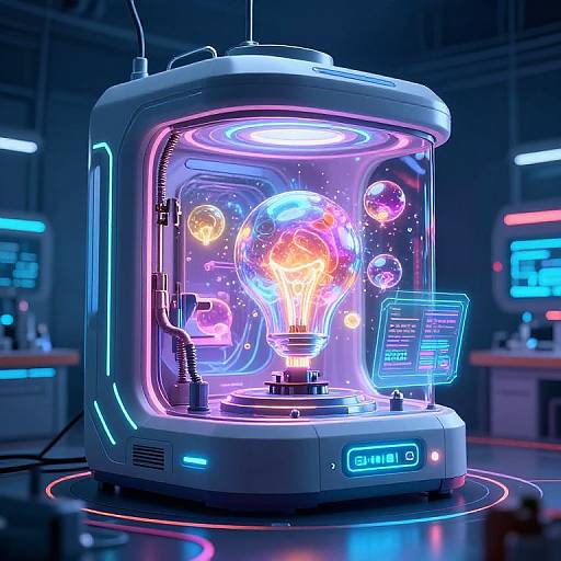 Neon-lit futuristic lab pod with glowing light bulb, floating orbs, and control panels, surrounded by blue and pink lights. Digital sci-fi artwork