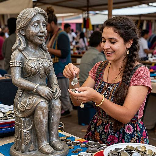 Photograph of a smiling young woman with braided hair, wearing colorful dress, examining a silver statue of a seated woman at a busy market stall.
