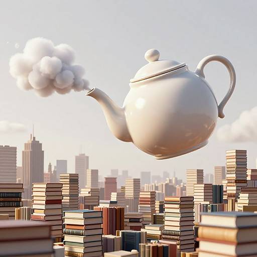 Surreal Floating Teapot Over Book City