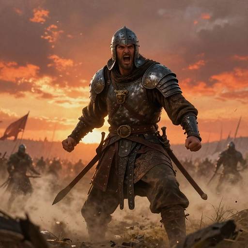 Photograph-style CGI of a fierce, armored Viking warrior with a battle-worn helmet, roaring in battle during a dramatic sunset. Dust and flags in