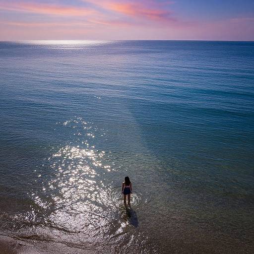Photograph of a solitary figure standing in shallow, sparkling blue ocean water at sunset, with a vibrant pink and purple sky.