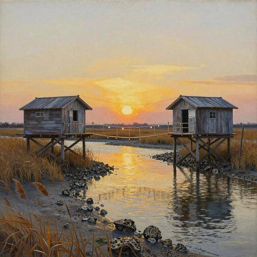 Sunset Over Saltmarsh Fishing Shacks