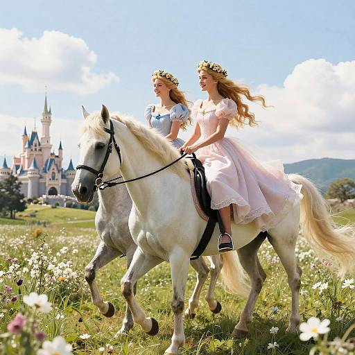 Photograph of two blonde princesses in pink dresses and tiaras, riding a white horse through a sunlit meadow, with a fairytale