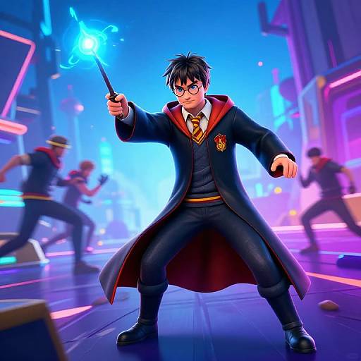 Digital art of Harry Potter casting a blue wand spell in a neon-lit, futuristic city. He's in his school uniform, surrounded by blurred,