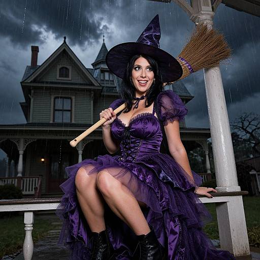 Photograph of a smiling, dark-haired woman in a purple witch costume, holding a broom, seated on a porch during a rainy night, with