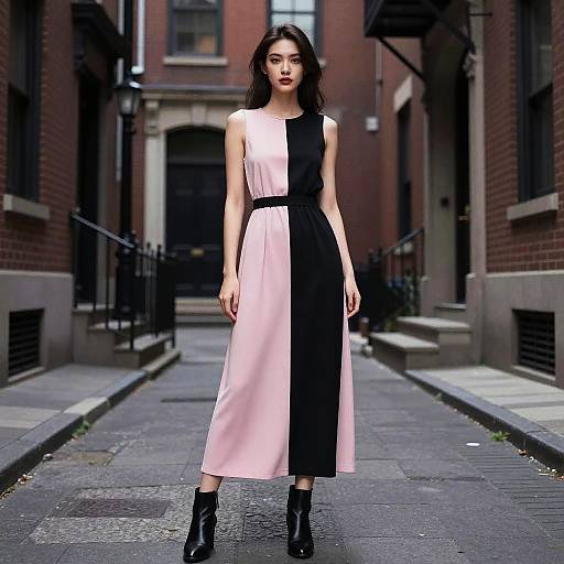 Asian woman with long black hair, wearing a sleeveless pink and black dress, black ankle boots, standing in a narrow urban alleyway. Photograph.