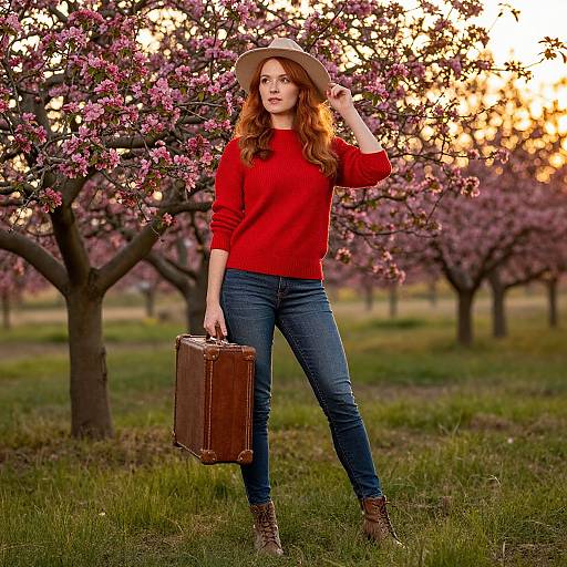 Photograph of a red-haired woman in a red sweater, blue jeans, brown boots, and a wide-brimmed hat, holding a brown suitcase