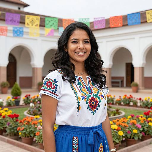 Photograph of a smiling Indian woman with long black hair, wearing a white embroidered blouse and blue skirt, standing in a colorful courtyard with flower beds and