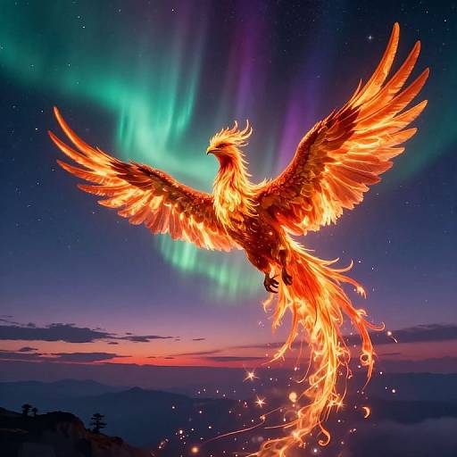 Digital artwork of a fiery phoenix with outstretched wings, glowing orange and red feathers, flying against a night sky with vibrant green and purple auroras