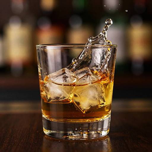 Photograph of a glass of amber whiskey with ice cubes, splashing water mid-air, blurred dark background with colorful bottles.