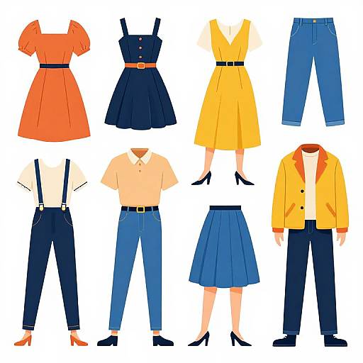 Digital illustration of nine vintage-inspired outfits: four dresses, two tops with pants, two skirts with tops, and one jacket. Colors include orange, navy