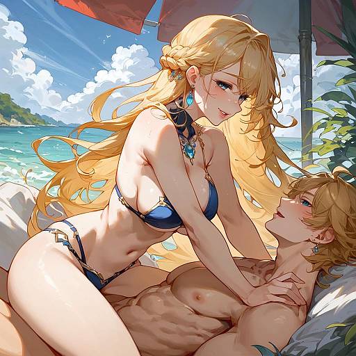 Anime Couple Relaxing on Beach