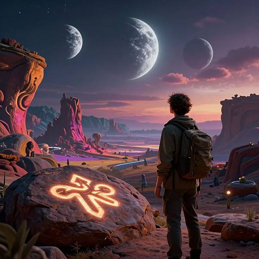 A lone figure with a backpack gazes at a futuristic, neon-lit, rocky landscape under a twilight sky filled with three moons.