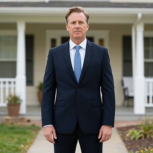 Photograph of a middle-aged white man in a black suit, white shirt, and blue tie standing in front of a white house with black shutters