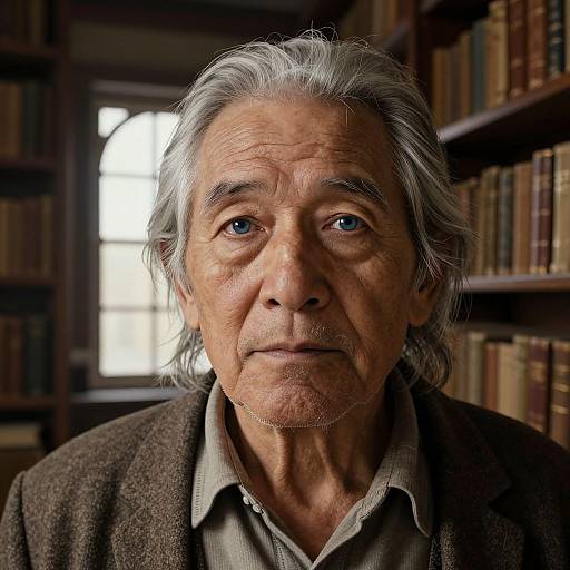 Photograph of an elderly man with gray hair, deep wrinkles, and blue eyes, wearing a brown cardigan over a gray shirt, standing in a