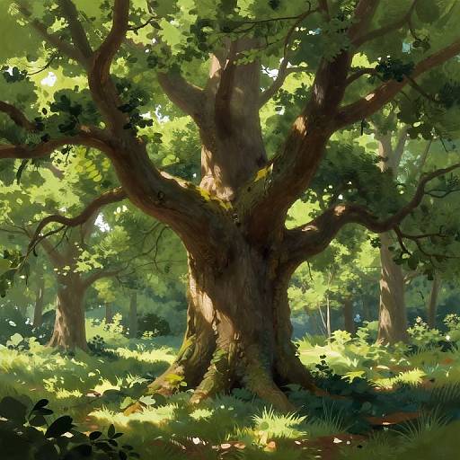 Digital painting of a sunlit forest with a large, gnarled tree at center, surrounded by lush greenery and dappled sunlight.
