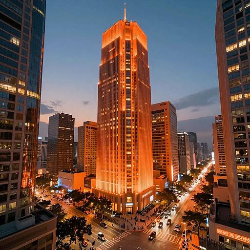 Photograph of a towering, illuminated orange skyscraper at dusk, surrounded by darkened, lit-up buildings, with a busy city street and cars below