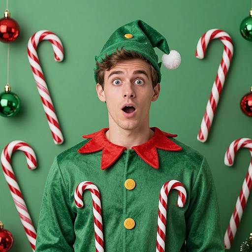 Surprised Man in Green Elf Costume with Candy Canes