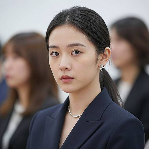 Photograph of an Asian woman with fair skin, black hair in a ponytail, wearing a black blazer, silver necklace, and star-shaped earrings