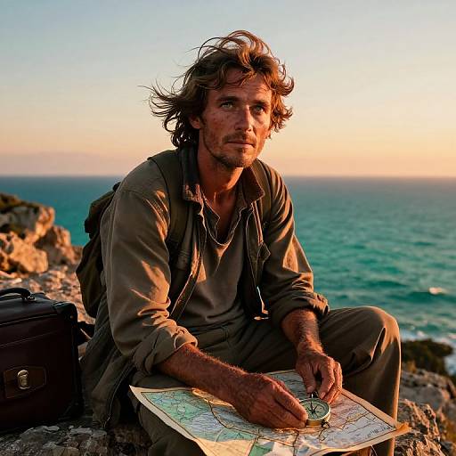 Photograph of a rugged, brown-haired man with wind-swept hair, wearing a khaki shirt, sitting on a rocky cliff, map in