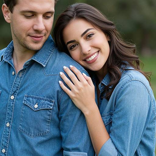 Photograph of a smiling brunette woman with white nails hugging a light-haired man in blue denim shirts, outdoors with greenery background.