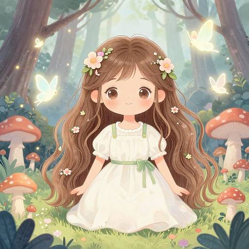 Anime-style digital drawing: Cute girl with long brown hair, white dress, flower hairpins, surrounded by glowing butterflies, mushrooms, and forest.