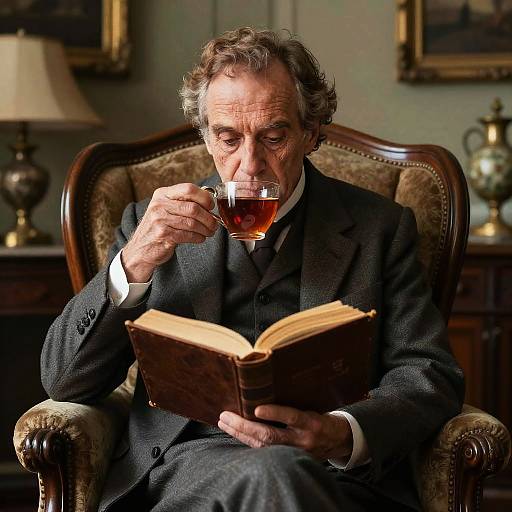 Elderly man with wavy grey hair, in dark suit, sips tea while reading book, seated in ornate wooden chair, dimly