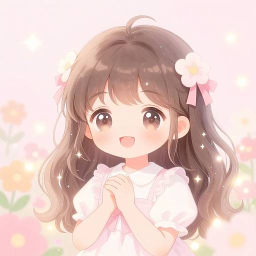 Cute anime-style girl with long brown hair, big brown eyes, and a white flower in her hair, smiling and clasping hands, surrounded by