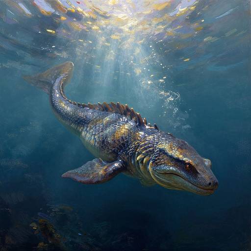 Photograph of a large, shimmering, blue-and-yellow fish swimming underwater, illuminated by sunlight filtering through the water's surface.