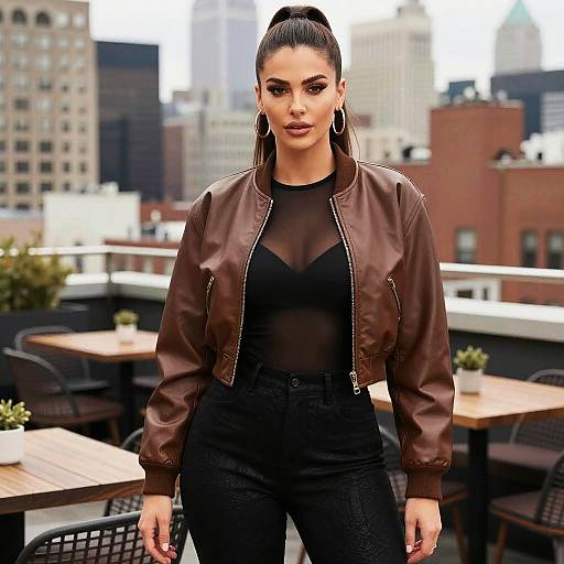 Woman in Brown Leather Bomber Jacket on Urban Rooftop