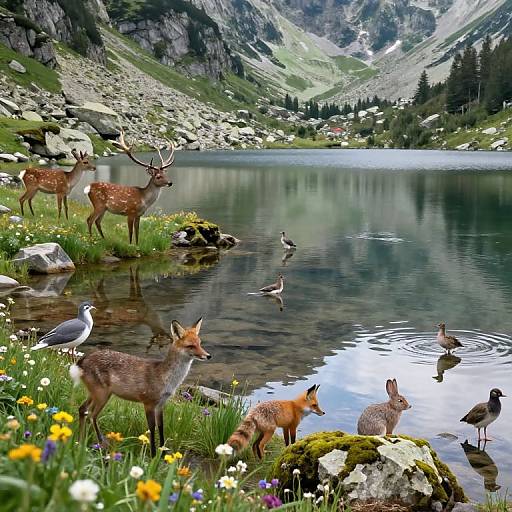 Photograph of a serene mountain lake with deer, foxes, ducks, and geese amidst vibrant wildflowers and rocky terrain, reflecting lush, green