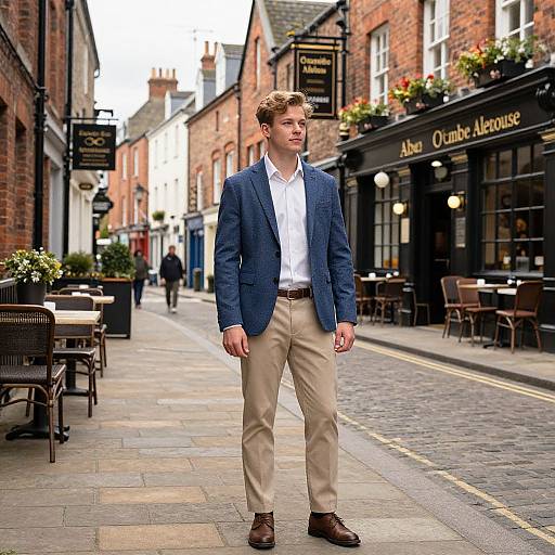 Photograph of a young, handsome man with wavy blonde hair, wearing a navy blazer, white shirt, beige pants, and brown shoes,