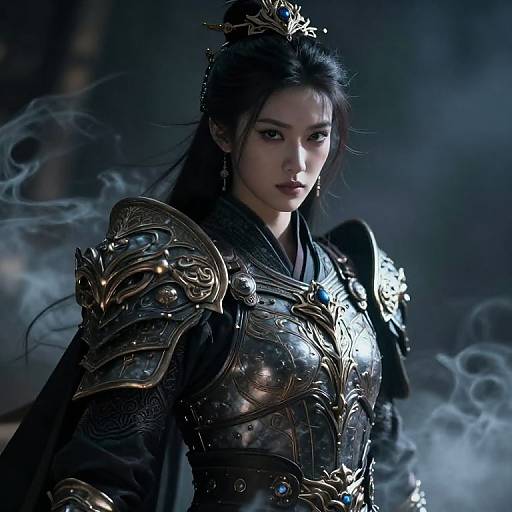 Digital art of an Asian woman with long black hair, wearing ornate, shiny, gold and black medieval armor, with smoke in the background.