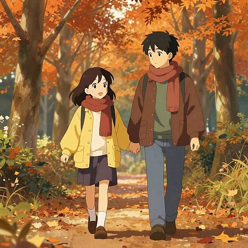 Cozy Siblings Stroll in Autumn Forest