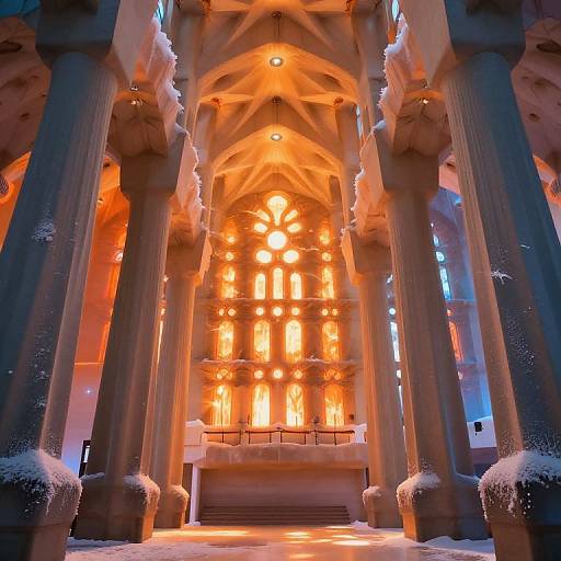 Photograph of a snow-covered, Gothic-style cathedral interior with vivid orange and blue lights highlighting towering columns and an ornate altar.