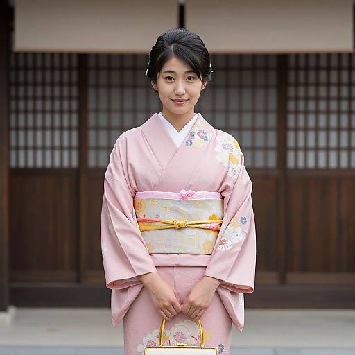 Photograph of a young Asian woman in a pink floral kimono with a yellow obi, standing in front of traditional Japanese wooden shoji screens.