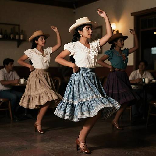 Photograph of three Latina women in mid-dance, wearing white shirts, checkered skirts, and cowboy hats, in a dimly lit, rustic