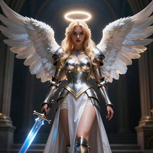 Fierce Blonde Angel Warrior with Glowing Sword