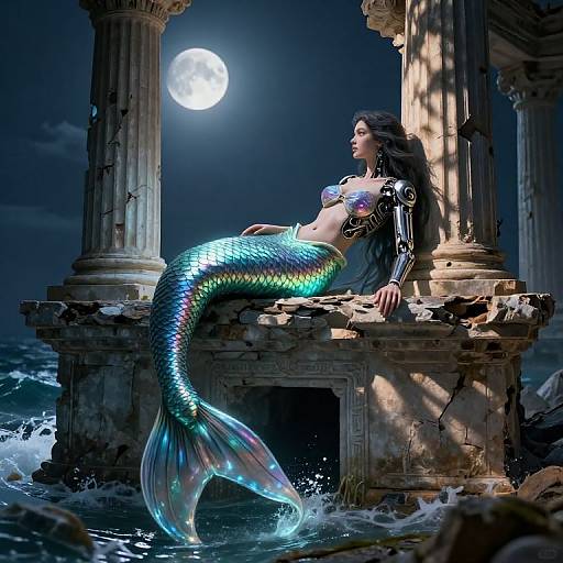 Biomechanical Mermaid on Ancient Temple