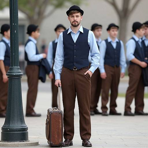 Photograph of a bearded man in a black cap, white shirt, blue vest, brown pants, holding a brown suitcase, standing in front of