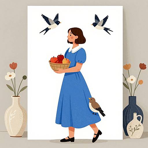 Illustration of a brown-haired woman in a blue dress holding a basket of apples, with birds flying above and a bird on her dress, flanked