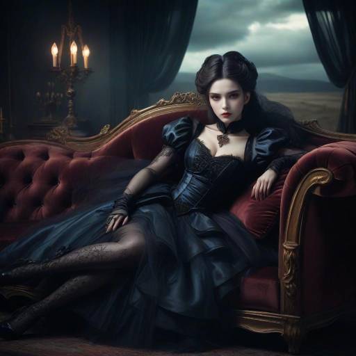 Seductive Vampire Princess on Velvet Sofa